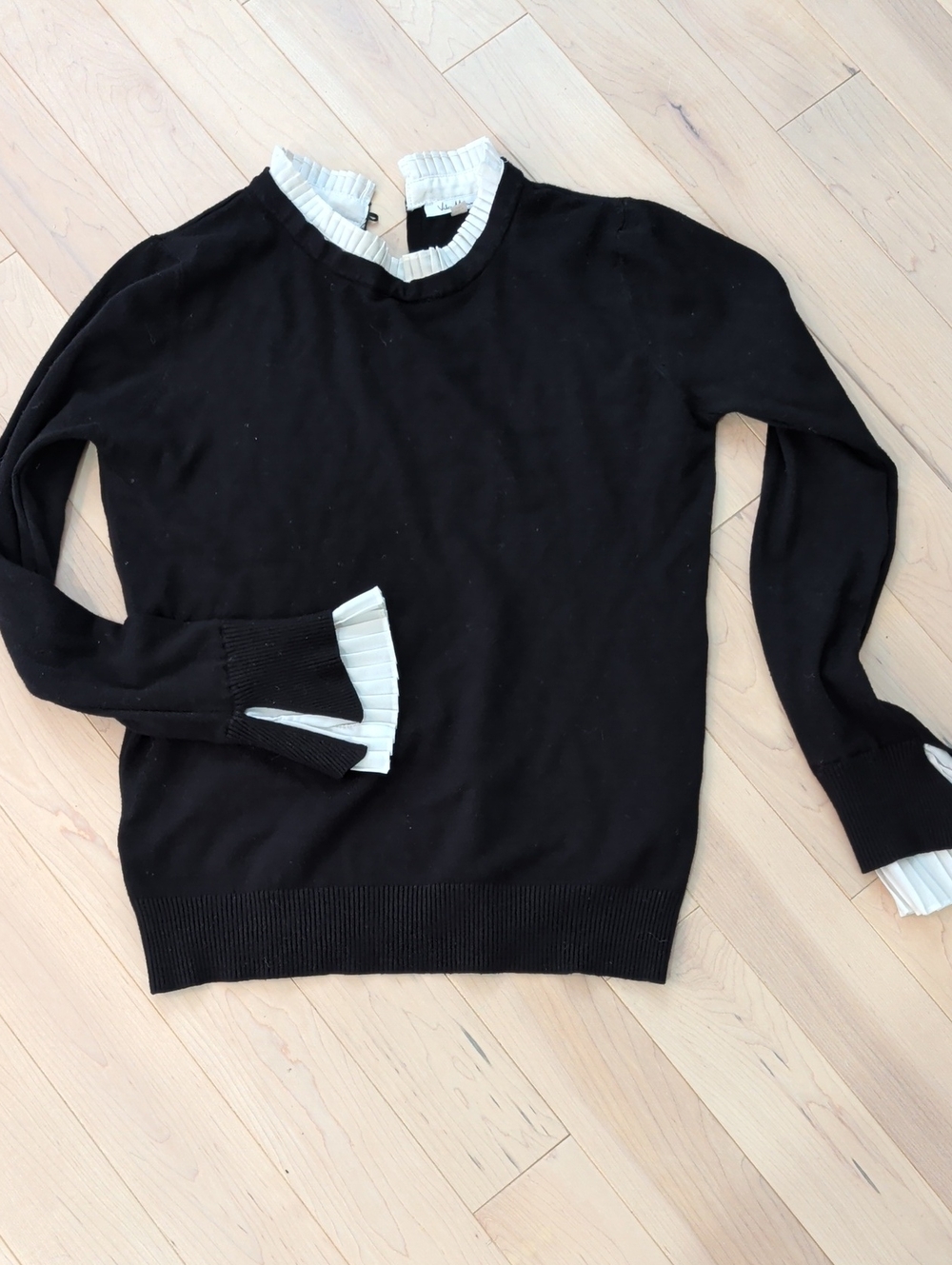Women's Black Crewneck Sweater with White Pleated Trim